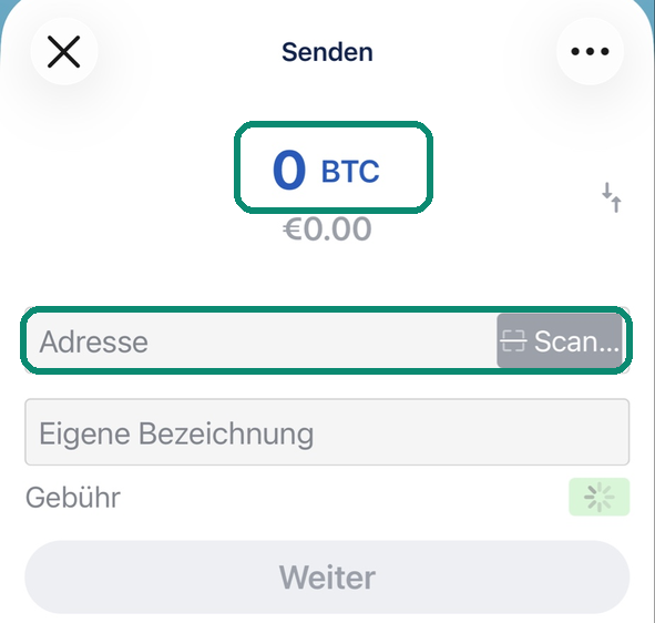 Bildschirm Senden in Blue Wallet, der Betrag und das Feld Adresse umrahmt