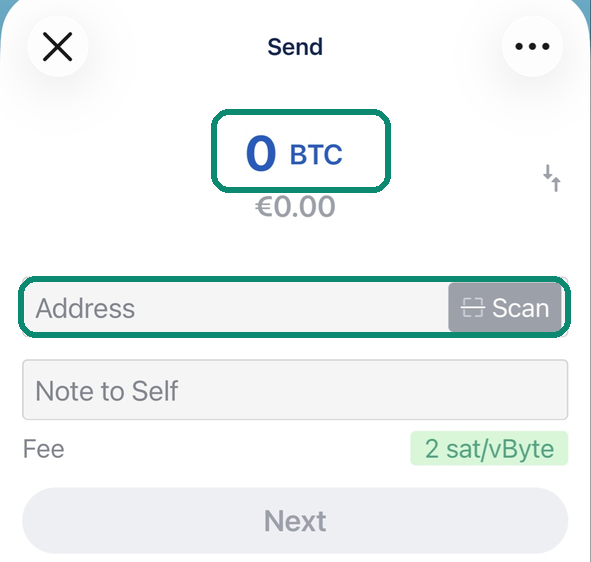 Blue Wallet Send screen, the amount and the Address field framed