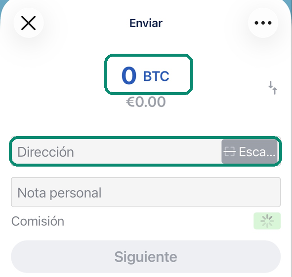 Pantalla Enviar de Blue Wallet, con el importe y el campo Dirección enmarcados