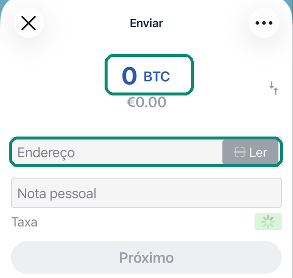 Tela Enviar do Blue Wallet, com o valor e o campo Endereço destacados