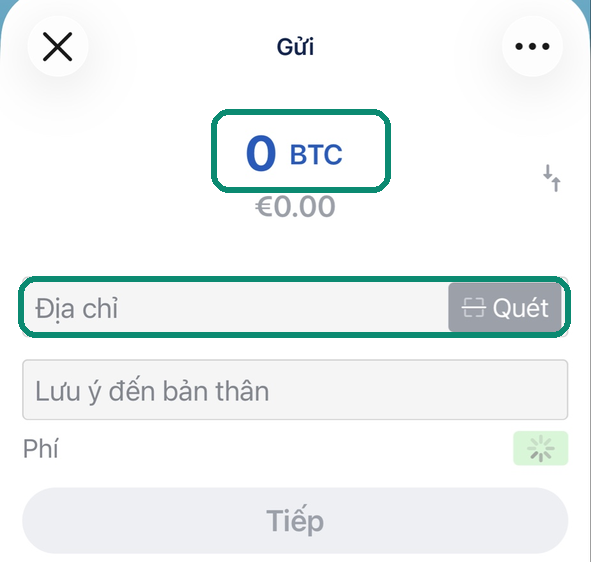 Màn hình Gửi của Blue Wallet, số tiền và ô Địa chỉ được đóng khung