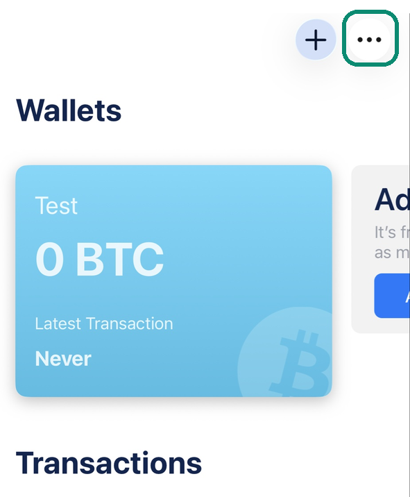 Blue Wallet home screen, the three dots at the top right framed