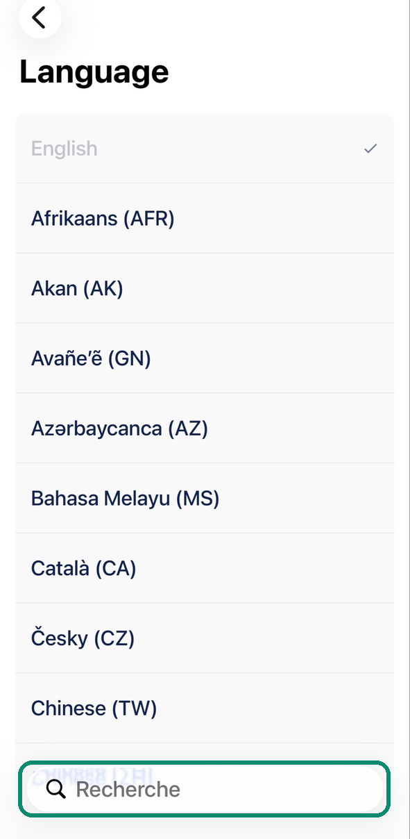 Blue Wallet Language list, the search field framed