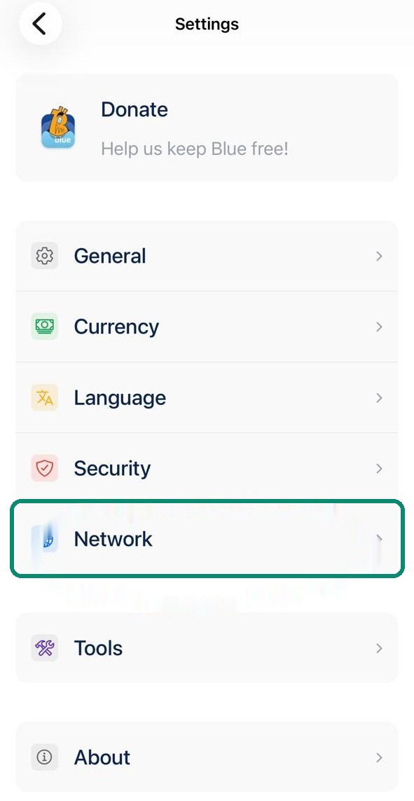Blue Wallet Settings screen, the Network line highlighted