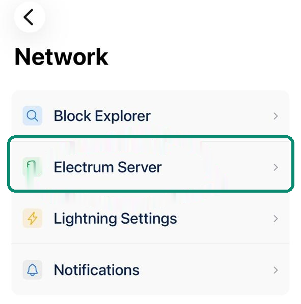 Blue Wallet Network screen, the Electrum Server line highlighted