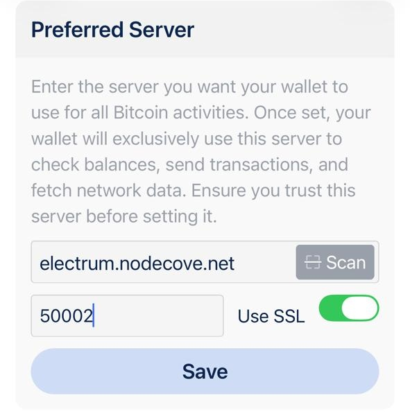 Blue Wallet Preferred Server screen with electrum.nodecove.net, port 50002, and Use SSL turned on