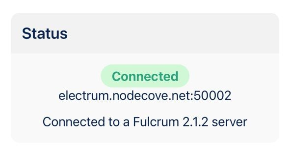 Blue Wallet Status block showing Connected on electrum.nodecove.net port 50002