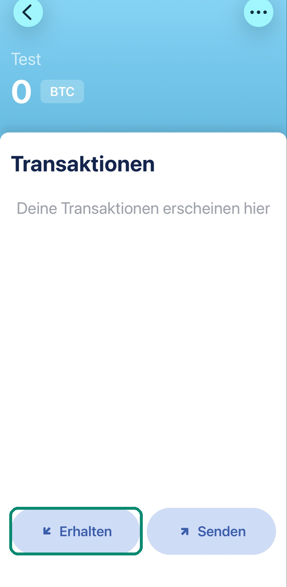 Wallet-Bildschirm in Blue Wallet, die Schaltfläche Erhalten umrahmt
