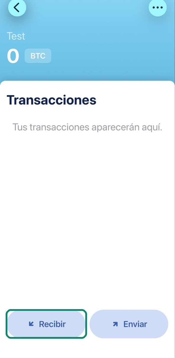 Pantalla de la billetera en Blue Wallet, con el botón Recibir enmarcado