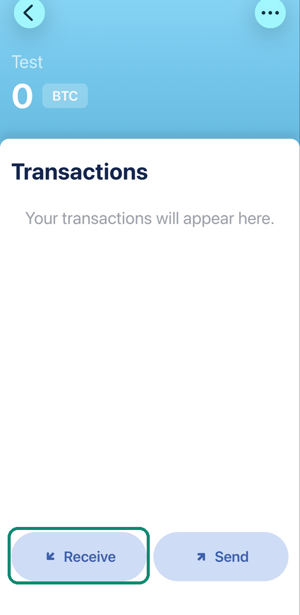 Blue Wallet wallet screen, the Receive button framed
