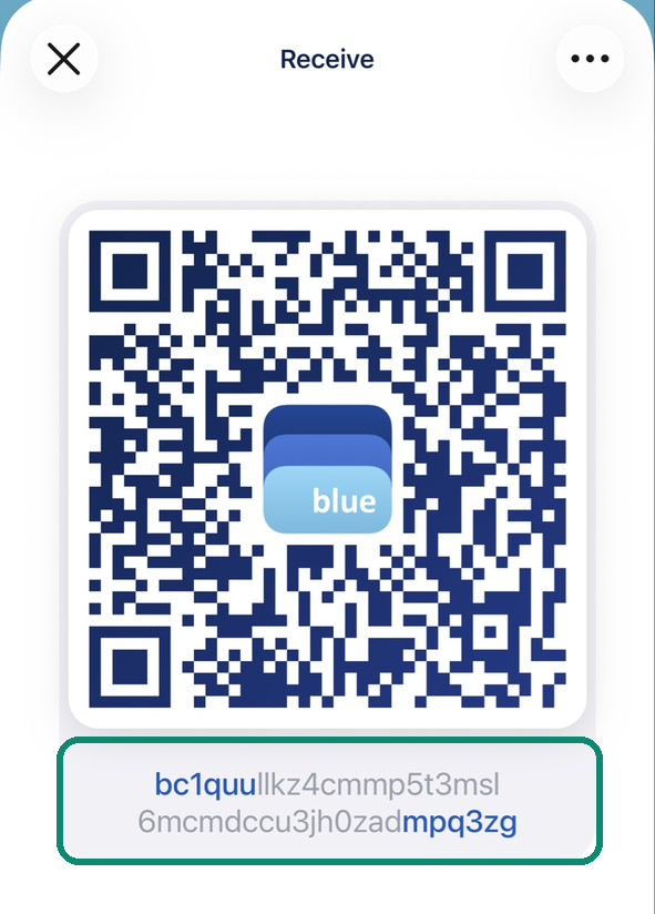 Blue Wallet Receive screen, the address under the QR code framed