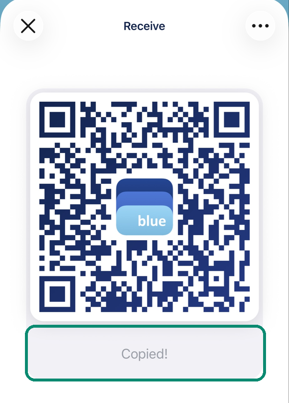 Blue Wallet Receive screen showing Copied! in place of the address