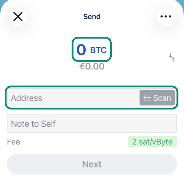 Blue Wallet Send screen, the amount and the Address field framed