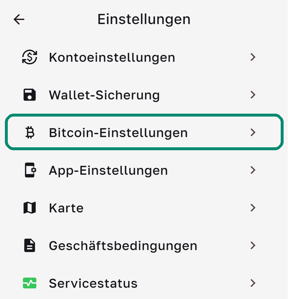 Einstellungen-Bildschirm von Bull Wallet, die Zeile Bitcoin-Einstellungen eingerahmt