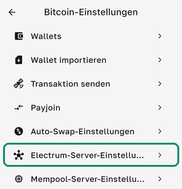 Bitcoin-Einstellungen-Bildschirm von Bull Wallet, die Zeile Electrum-Server-Einstellungen eingerahmt