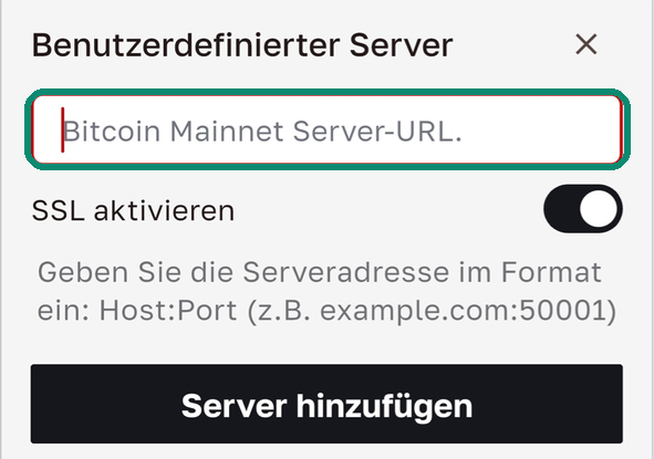 Add-Custom-Server-Fenster von Bull Wallet mit electrum.nodecove.net:50002 und aktiviertem SSL aktivieren