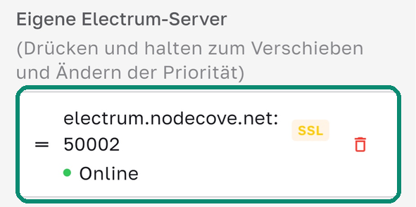 Custom-Servers-Liste von Bull Wallet mit electrum.nodecove.net:50002 in SSL und Online