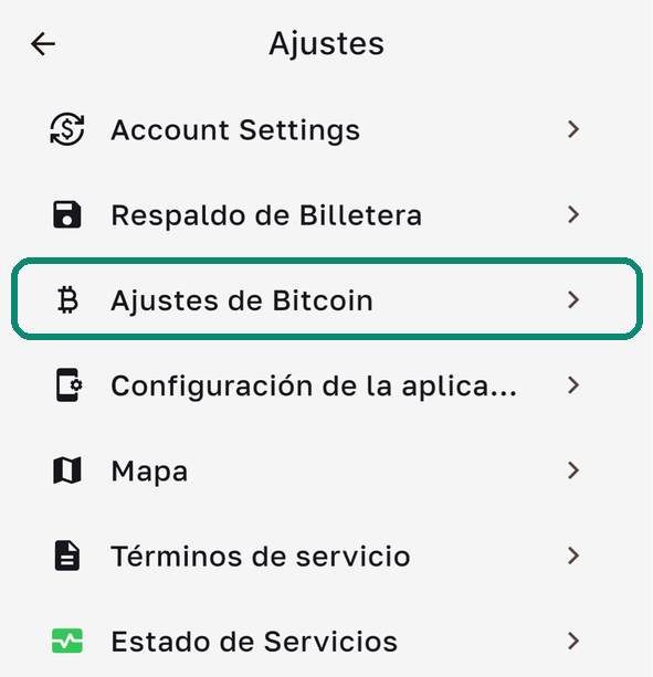 Pantalla Ajustes de Bull Wallet, con la línea Ajustes de Bitcoin enmarcada