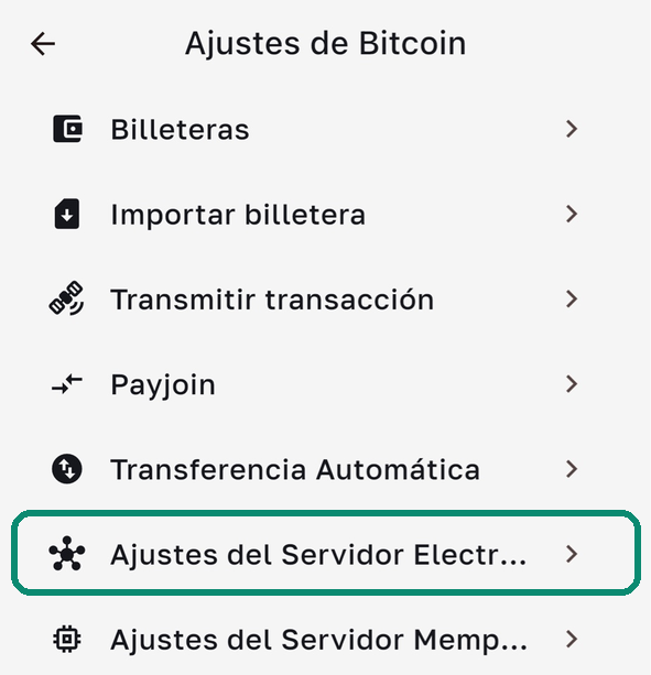Pantalla Ajustes de Bitcoin de Bull Wallet, con la línea Configuración del servidor Electrum enmarcada