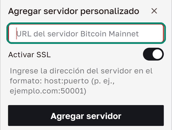 Ventana Agregar servidor personalizado de Bull Wallet con electrum.nodecove.net:50002 y Activar SSL activado
