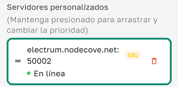 Lista Servidores personalizados de Bull Wallet mostrando electrum.nodecove.net:50002 en SSL y En línea