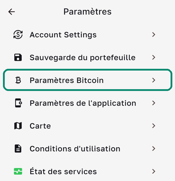Écran Paramètres de Bull Wallet, la ligne Paramètres Bitcoin encadrée