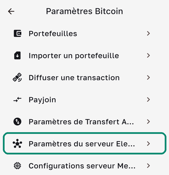 Écran Paramètres Bitcoin de Bull Wallet, la ligne Paramètres du serveur Electrum encadrée
