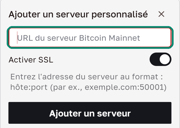 Fenêtre Ajouter un serveur personnalisé de Bull Wallet avec electrum.nodecove.net:50002 et Activer SSL activé
