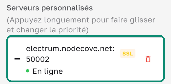 Liste Serveurs personnalisés de Bull Wallet montrant electrum.nodecove.net:50002 en SSL et En ligne