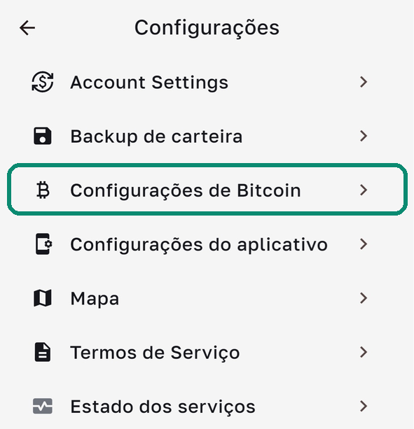 Tela Configurações do Bull Wallet, com a linha Configurações de Bitcoin emoldurada