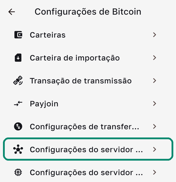 Tela Configurações de Bitcoin do Bull Wallet, com a linha Configurações do servidor Electrum emoldurada
