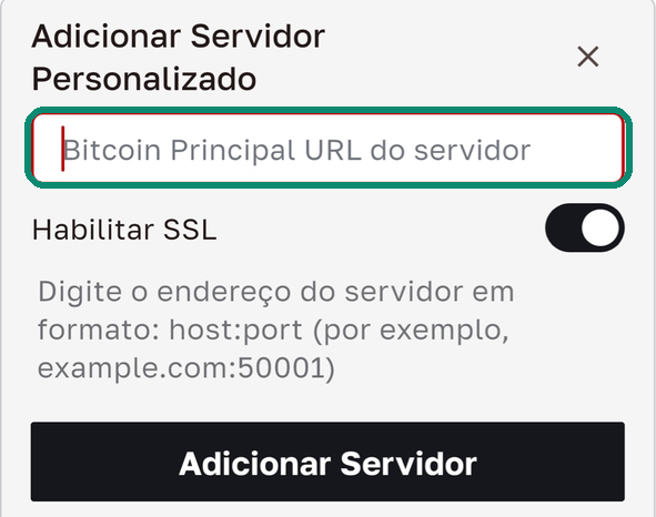 Janela Adicionar Servidor Personalizado do Bull Wallet com electrum.nodecove.net:50002 e Habilitar SSL ativado