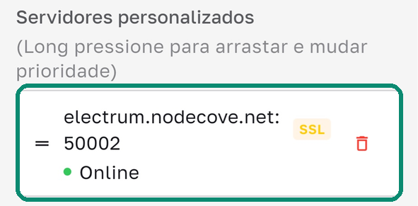 Lista Servidores personalizados do Bull Wallet mostrando electrum.nodecove.net:50002 via SSL e Online