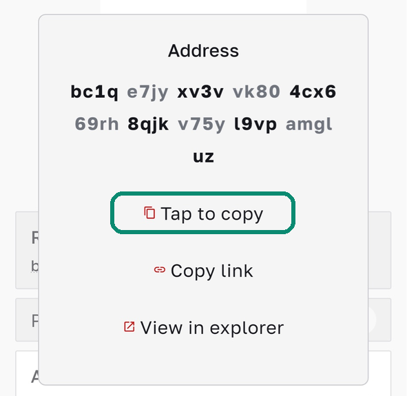 Bull Wallet address window, Tap to copy framed