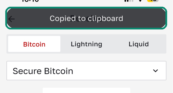 Bull Wallet Receive screen, the Copied to clipboard message framed