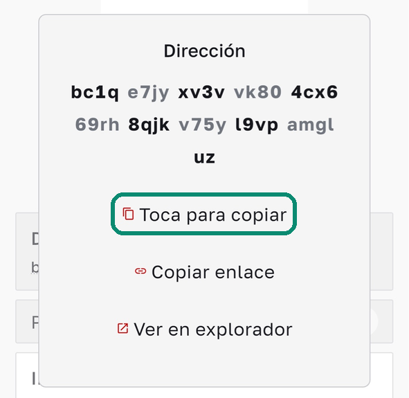 Ventana de la dirección en Bull Wallet, con Toca para copiar enmarcado