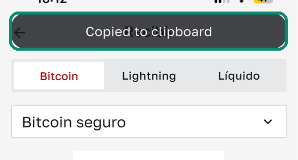 Pantalla Recibir de Bull Wallet, con el mensaje Copied to clipboard enmarcado