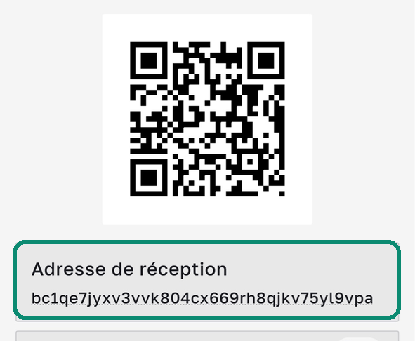 Écran Recevoir de Bull Wallet, le cadre Adresse de réception encadré
