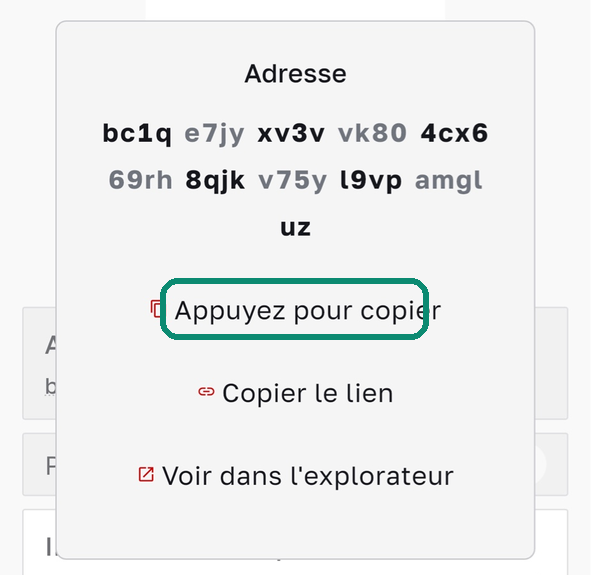 Fenêtre de l'adresse dans Bull Wallet, Appuyez pour copier encadré