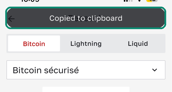 Écran Recevoir de Bull Wallet, le message Copied to clipboard encadré