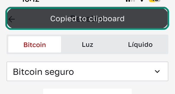 Tela Receber do Bull Wallet, com a mensagem Copied to clipboard destacada