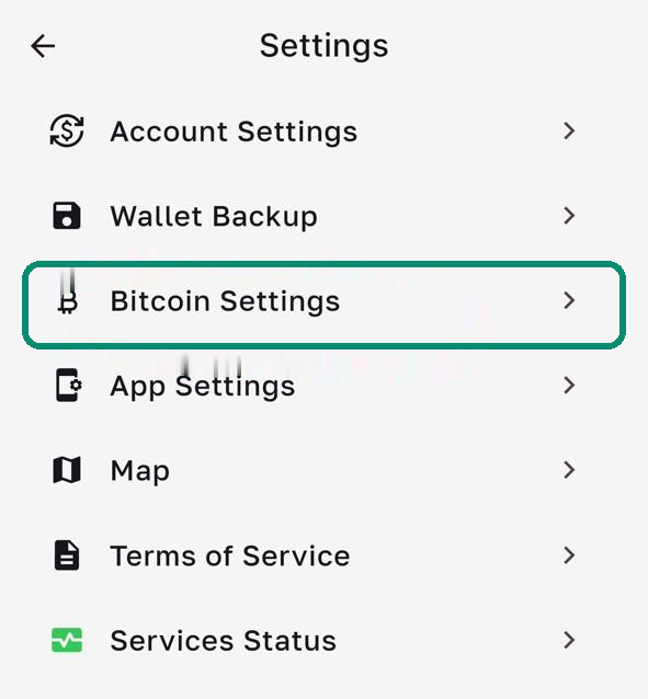 Bull Wallet Settings screen, the Bitcoin Settings line highlighted