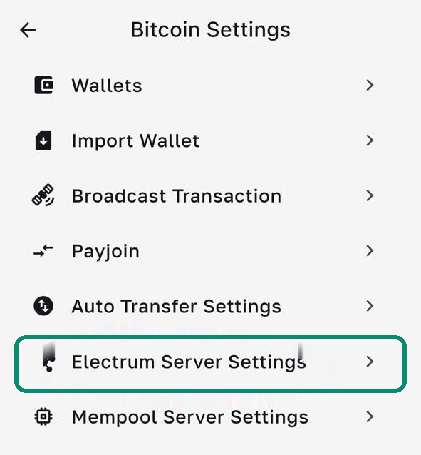 Bull Wallet Bitcoin Settings screen, the Electrum Server Settings line highlighted