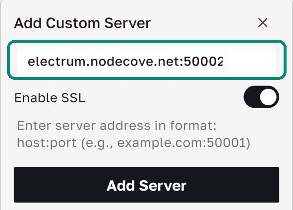 Bull Wallet Add Custom Server window with electrum.nodecove.net:50002 and Enable SSL turned on