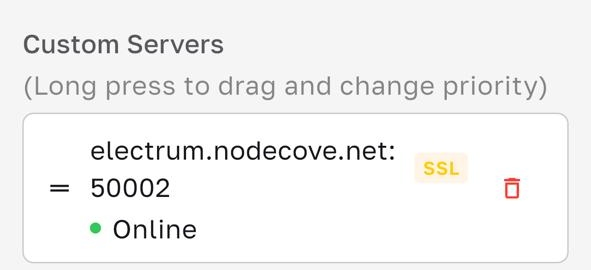 Bull Wallet Custom Servers list showing electrum.nodecove.net:50002 as SSL and Online