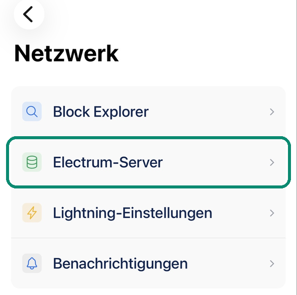 Netzwerk-Bildschirm von Blue Wallet, die Zeile Electrum-Server eingerahmt