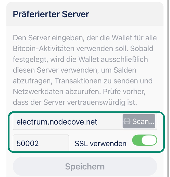 Preferred-Server-Bildschirm von Blue Wallet mit electrum.nodecove.net, Port 50002 und aktiviertem SSL verwenden