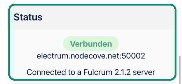 Status-Block von Blue Wallet mit der Anzeige Verbunden auf electrum.nodecove.net Port 50002
