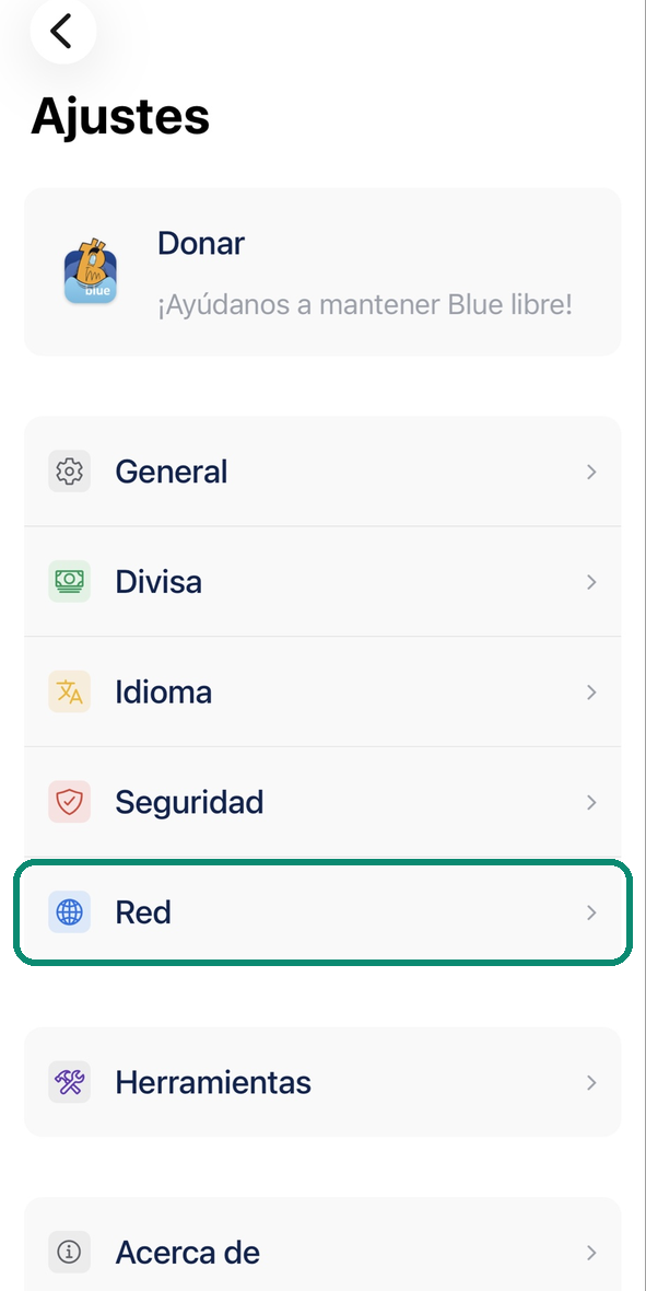Pantalla Ajustes de Blue Wallet, con la línea Red enmarcada