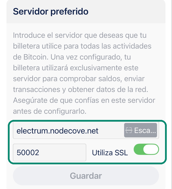Pantalla Servidor preferido de Blue Wallet con electrum.nodecove.net, el puerto 50002 y Utiliza SSL activado